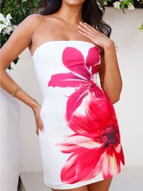 Strapless White Dress with Bright Pink Floral Print